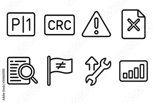 Error Detection Icons. Error Detection Suite linear set: parity bit symbol, CRC block, anomaly alert, corrupted file marker, log magnifier, mismatch flag, correction tool, data