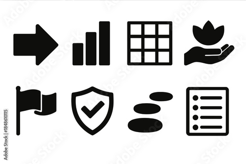 Momentum Builder Icons. Momentum Builder Kit silhouette set: forward arrow, strength bar lines, habit tracker grid, mindful pause, goal flag, confidence shield, stepping stones,