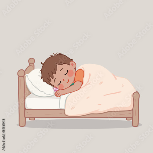 A young boy peacefully sleeping in a cozy bed, covered with a soft blanket, embodying the tranquility of rest and dreams