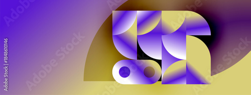 Abstract composition featuring purple, gold shapes. Geometric forms overlap creating dynamic visual effect. Smooth gradients enhance depth.