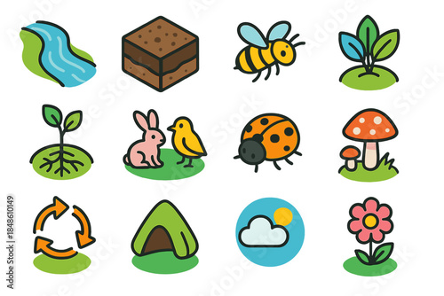 Isometric Environmental Icons. Environmental Vitality Elements isometric flat set: clear stream, rich soil layer, active pollinator, vibrant foliage, stable roots, wildlife variety