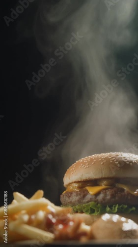 Juicy Cheeseburger and Golden French Fries with Wisps of Steam Against a Dark Background