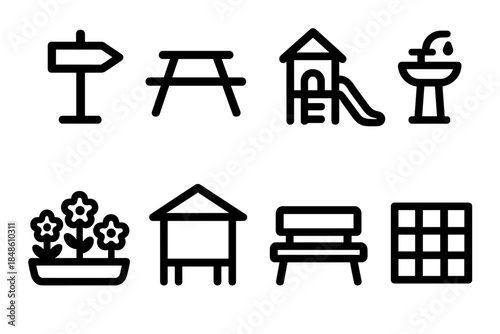 Park Icon Grid. Public Park Arrangement linear set: trail path marker, picnic table, playground zone, water fountain, garden bed icon, shade pavilion, seating bench, open lawn grid