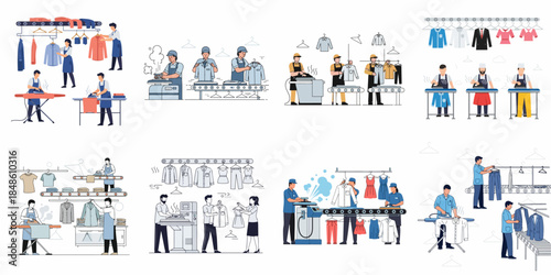 Professional garment care and dry cleaning services collage showing workers ironing, pressing, and handling clothes on production lines and hangers.