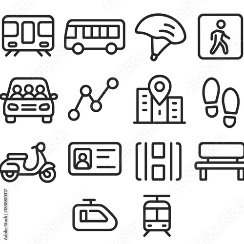 Urban Transit Icons. Metropolitan Mobility Set linear set: train carriage, street bus, bike helmet, pedestrian cross signal, carpool symbol, tram line map, city waypoint, footstep