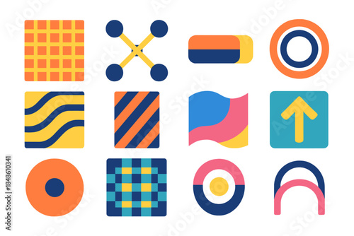 Modern Composite Icons. Composite Structural Designs flat set: fiber tile, carbon weave node, resin bar, layered ring, stress patch, load-stripe, flexural panel, tensile arrow,