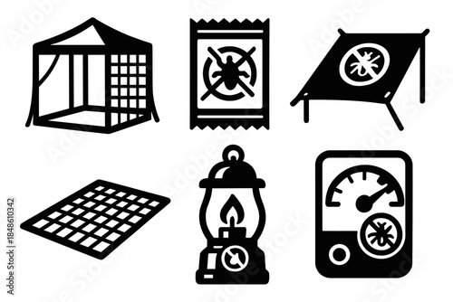 Insect Shield Icons. Camping Insect Shield silhouette set: netted canopy, repellent wipe pack, bug-resistant tarp, lantern with repellent mode, ground mesh sheet, outdoors