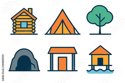 Minimalistic Shelter Icons. Shelter Environment flat set: cabin outline, tent shape, tree canopy, cave entrance, shaded porch, coast hut.
