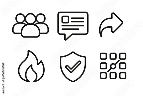 Online Community Icons. Community engagement online linear set: group silhouettes, post icon, reply arrow, trending flame, moderation shield, interaction grid.