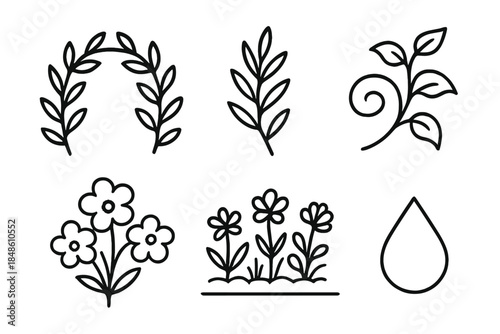 Garden Icon Set. Garden Botanical Scenes linear set: leafy arch, herb sprig, vine curl, bloom cluster, garden bed line, watering droplet.