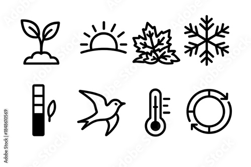 Seasonal Icons Collection. Changing Seasons Set linear set: spring shoot, summer sunshine arc, autumn leaf pile, winter snowflake, shifting daylight bar, migrating bird icon,