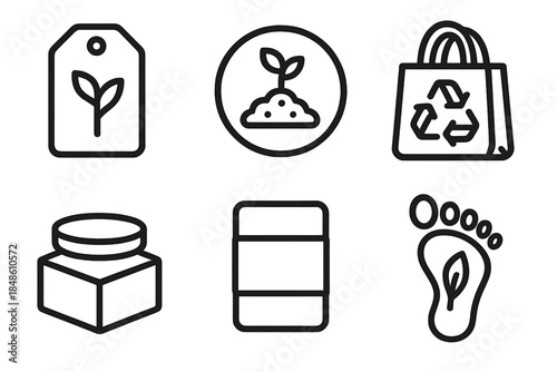 Eco-Friendly Packaging Icons. Sustainable Packaging Ideas linear set: plant-ink print, compost sticker, recyclable bag, bamboo lid, lightweight sleeve, green footprint.