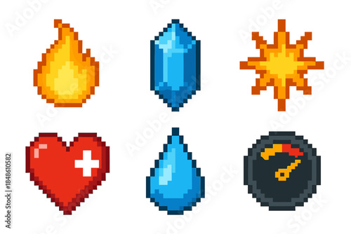 Pixel Energy Icons. Energy & Essence Symbols set of icons in flat pixel vector style: life glow, mana crystal, stamina burst, healing icon, mystic drop, power gauge.