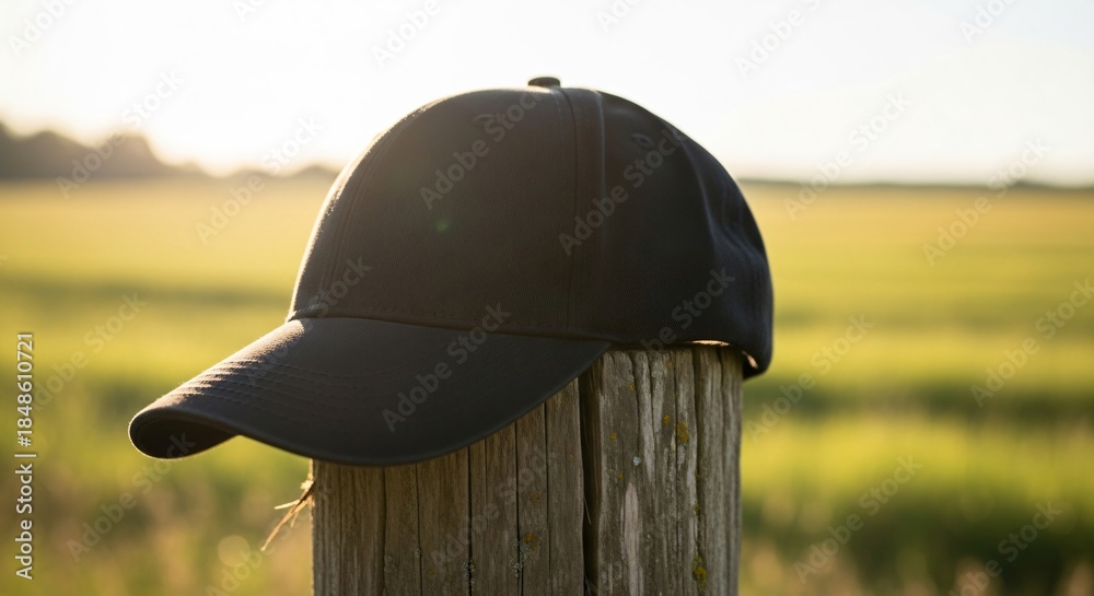 Fototapeta premium A black baseball cap rests on a weathered wooden fence post in a sundrenched golden field at sunset, evoking calm