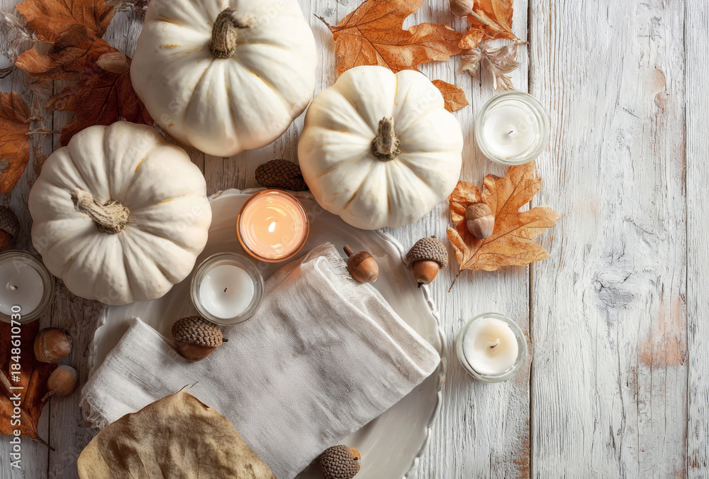 Fototapeta premium Autumn Table Setting with White Pumpkins and Candles.