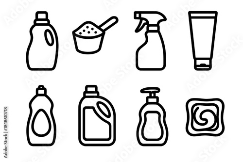 Cleaning Products Icons. Cleaning Detergents linear set: liquid cleaner bottle, powder detergent scoop, spray cleaner nozzle, gel cleaner tube, multi-surface bottle, dishwashing