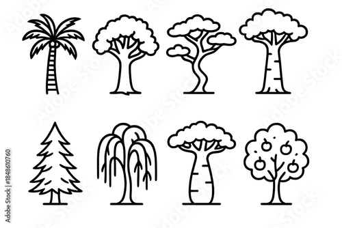 Global Tree Diversity Icons. Global tree diversity set linear set: tropical palm, temperate oak, desert acacia, rainforest kapok, alpine pine, riverside willow, savanna baobab,