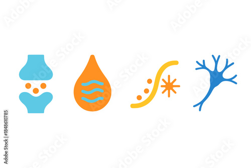 Neural Vector Icons. Neural Junction Forms flat set: connector cleft tile, impulse-transfer drop, firing-path strand.