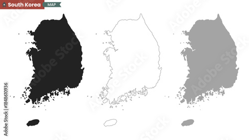 Map of South Korea. Black, Grey, Line, Country map icon. Vector illustration.