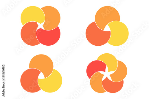Graphical Venn diagram infographic sections. Overlapping circle shapes circles chart line set. Venn diagrams with overlapping circles, showing a common area, for infographic presentation
