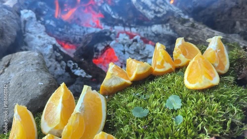 Warming oneself by a wood fire, eating oranges, and enjoying oneself.