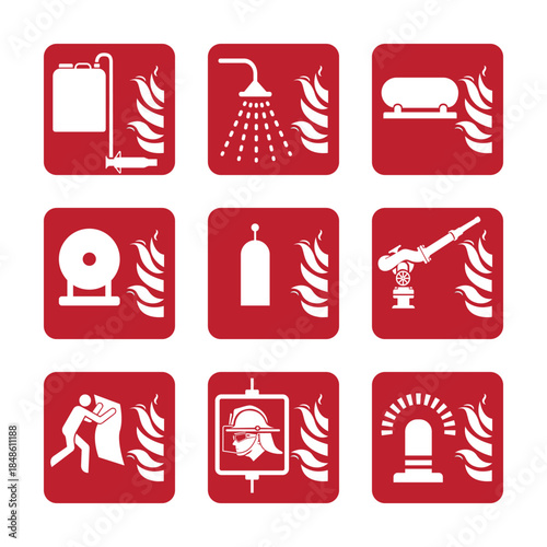 Collection of nine fire safety and firefighting icons featuring white symbols on red squares. Includes alarm, extinguisher, fire blanket, and emergency shower icons for safety signage