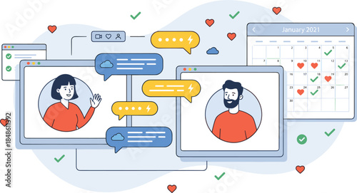 Online Dating and Virtual Relationship Illustration Showing Video Chat Messaging Calendar Scheduling and Digital Love Interaction Concept for Modern Social Connections