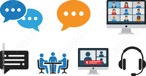 Online Communication and Virtual Meeting Icons Set Including Chat Video Conference Team Discussion and Customer Support Headset for Digital Business Use