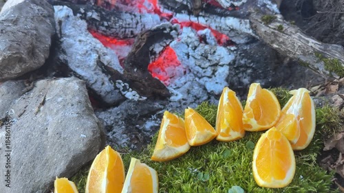 Warming oneself by a wood fire, eating oranges, and enjoying oneself.