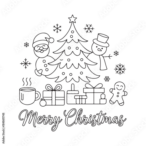 Merry christmas coloring page with santa snowman tree and gifts