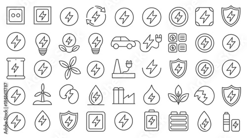 Set of Energy and Electricity Icons with Lightning Bolts, Batteries, Wind Turbines, and Electric Cars