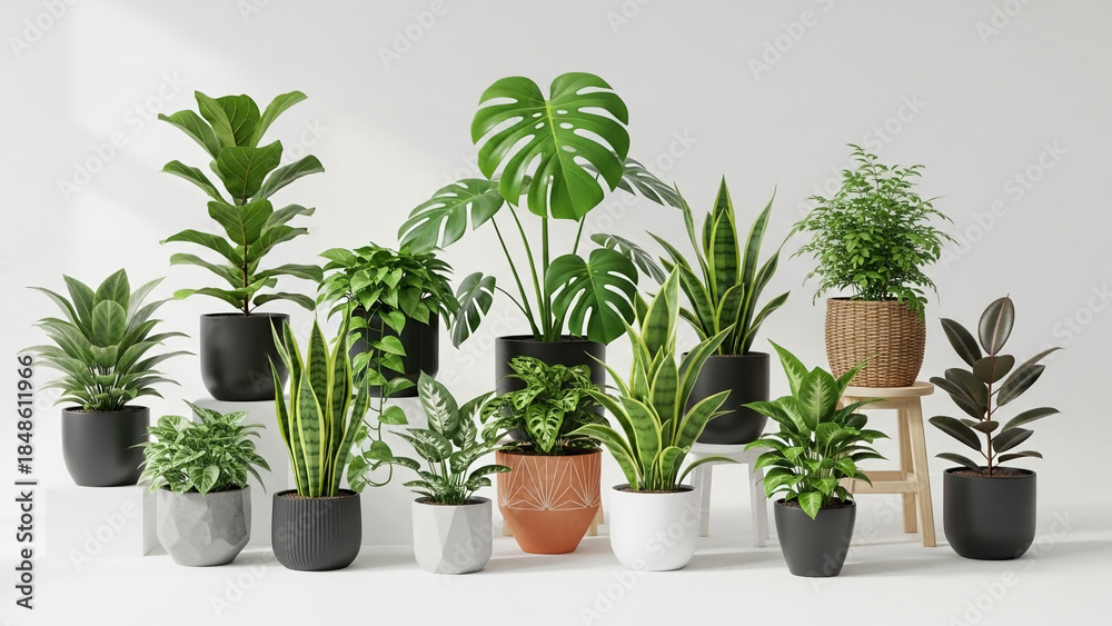 Obraz premium Assortment of lush green houseplants including popular varieties like Monstera and Snake Plants presented in stylish pots for home decor and biophilic design concepts