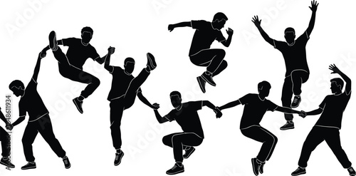 Dynamic Jumping Man Silhouette Set Showing Multiple Action Poses Fitness Dance Sport and Urban Movement Illustration on White Background
