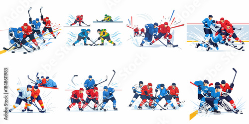 Dynamic Ice Hockey Game Action Set: Vector illustrations of professional athletes competing for the puck, featuring skating, checking, and intense sports moments.