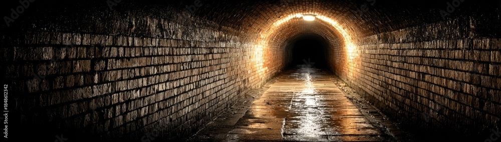 Obraz premium Illuminated brick tunnel recedes into darkness and mystery.