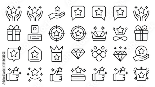 Star and Reward Icons Featuring Hands Gifts Crowns Diamonds and Thumbs Up Symbols star icons gift icon