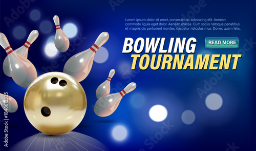 Modern conceptual website design for a bowling tournament with a bowling ball hitting flying pins, a headline and Learn More call to action. Vibrant, dynamic and perfect for sports websites.