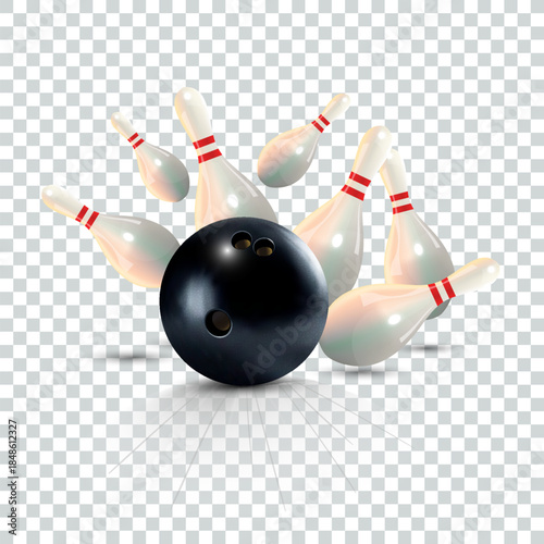 Realistic black bowling ball with pins on transparent background