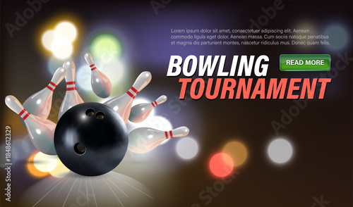 Modern conceptual website design for a bowling tournament with a bowling ball hitting flying pins, a headline and Learn More call to action. Vibrant, dynamic and perfect for sports websites.