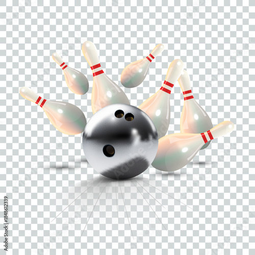 Realistic black bowling ball with pins on transparent background