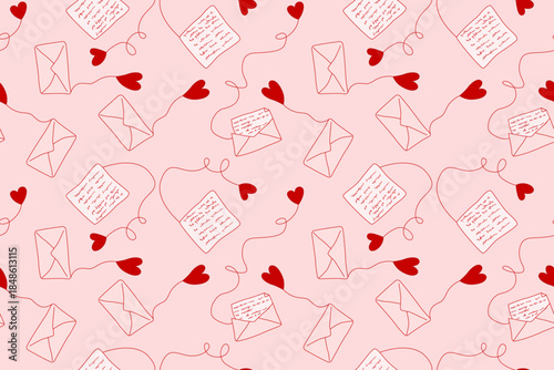 Seamless pattern of hearts, bows, and letters. A repeating background for Valentine's Day. Symbols of love, bows, and ribbons create an endless backdrop. A romantic and girlish theme for a date. 