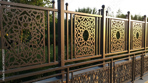 Decorative metal fence panels with intricate geometric patterns, showcasing artistic metalwork and modern design elements for outdoor spaces