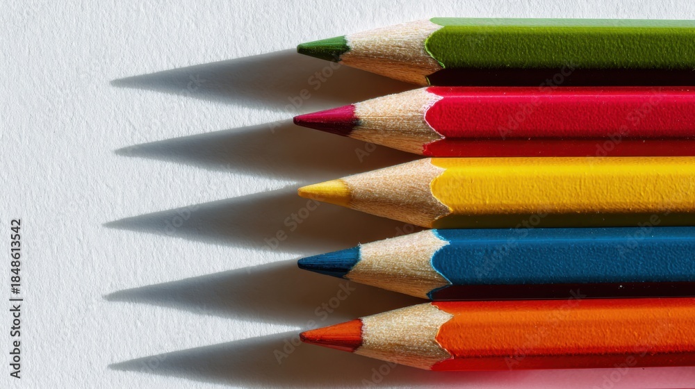 Fototapeta premium Bright colored pencils neatly arranged on a clean white surface, sharp tips and smooth wooden texture, soft natural light and subtle shadows, minimalistic top view, professional stationery photography