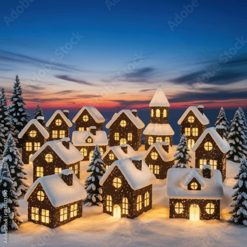 Cozy snow-covered village at dusk with warmly lit houses