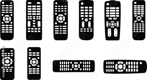 Collection of black and white television remote controls shown in a grid layout