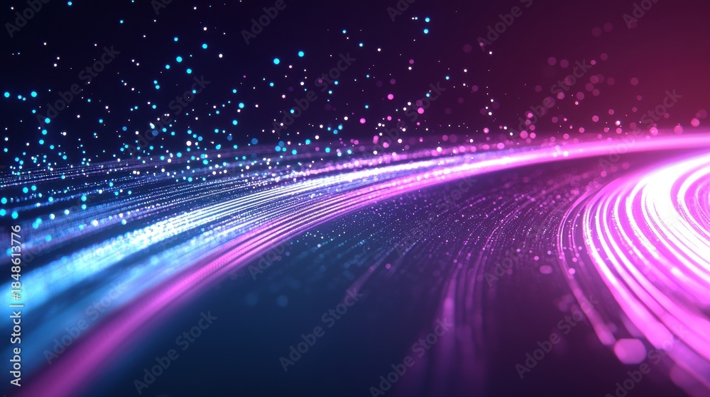 Fototapeta premium Networking Technology and Communication Glowing lines and dots illustrating a digital network, representing cloud computing, tech infrastructure, and fast data transmission.