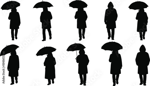 Silhouettes of people with umbrellas in a simple black and white design