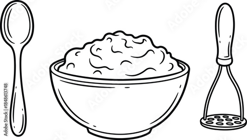 A simple sketch of a bowl of food with spoons and a masher