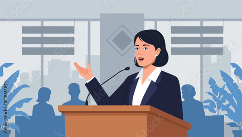 A confident businesswoman delivers a speech from behind a wooden podium in a modern conference room.