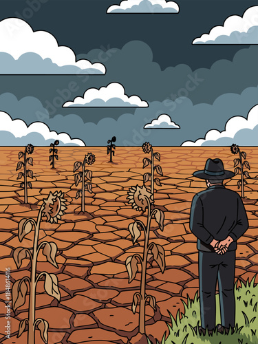 A lone farmer in a black hat surveys a desolate field of withered sunflowers under a stormy sky, symbolizing drought and environmental hardship.
